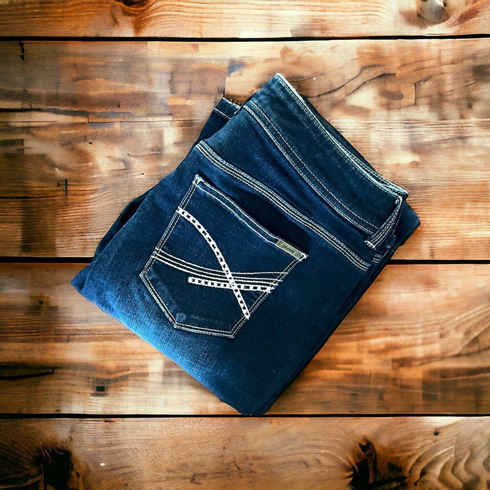 Chico’s So Slimming Boot Cut Jeans Size 1R 33” Dark Wash Rhinestone Pocket NWOT